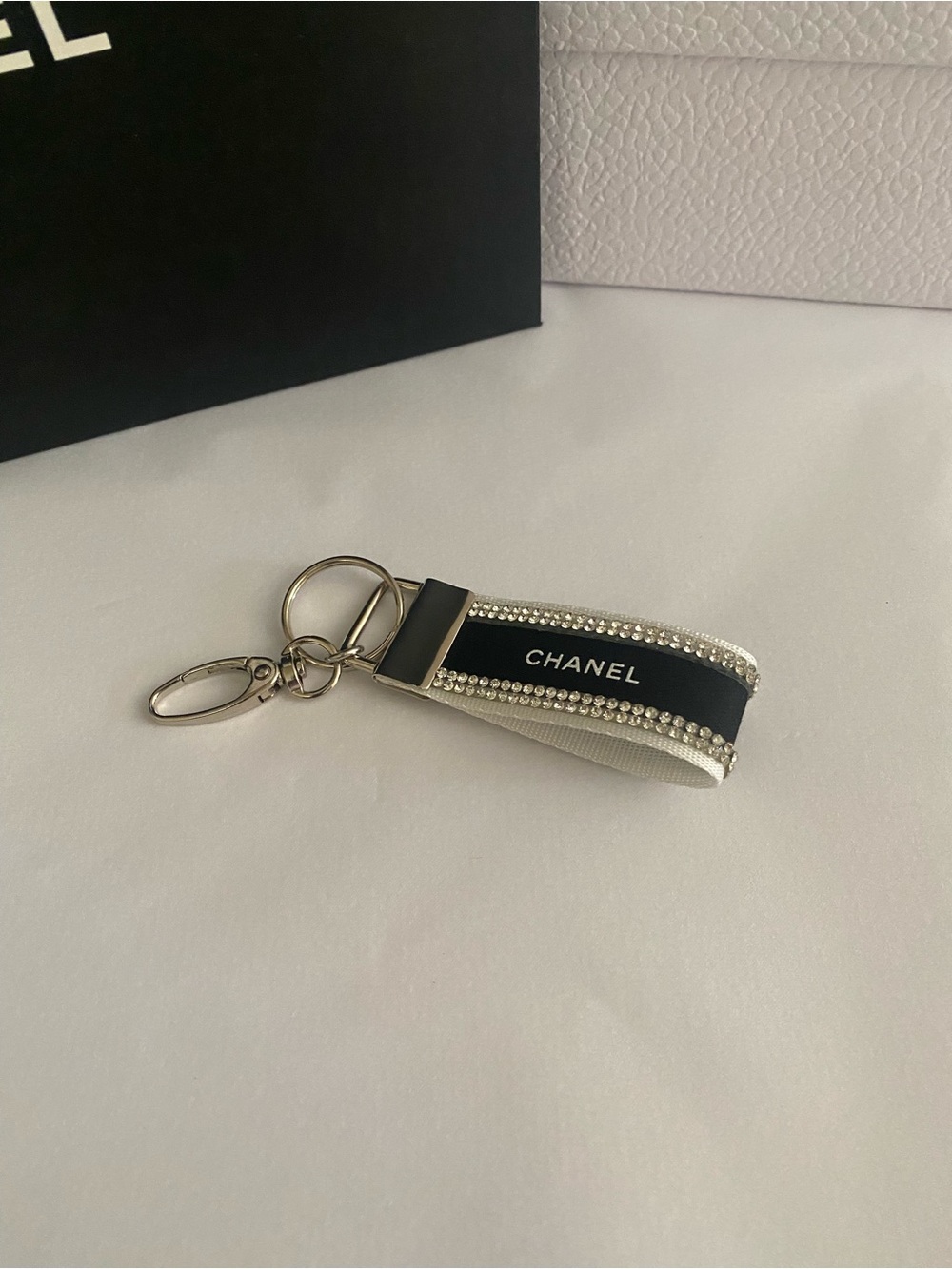 CHANEL Ribbon Black and White Crystal Trim Ribbon Key Holder Bag Clip